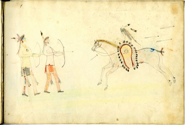 Kiowa mounted warrior approaching 2 Osage on foot