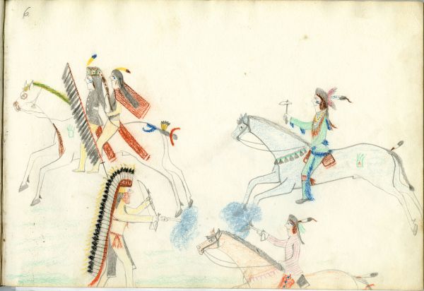 3 Kiowa warriors on horseback and a rescue versus enemy on foot