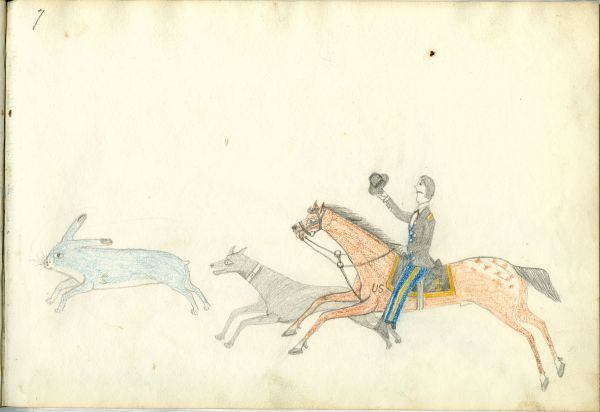 Chasing rabbit with a hunting dog on horseback