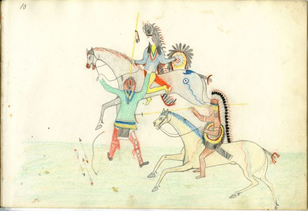 2 Kiowa warriors on horseback lancing enemy on foot