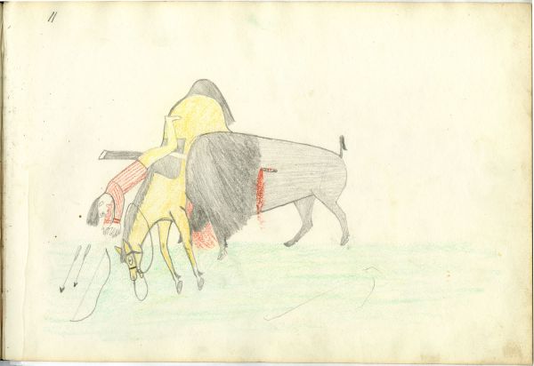 Buffalo goring hunter on horseback