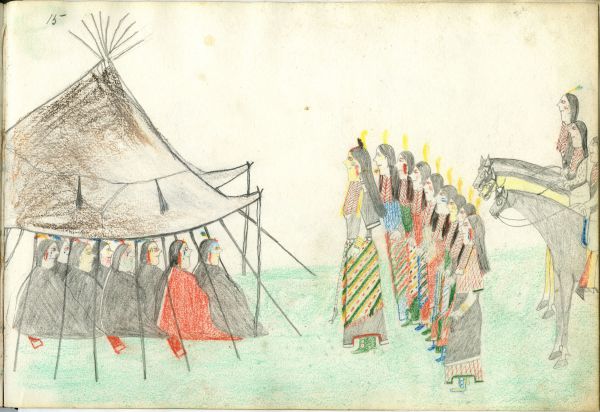 Ceremony: line of women dancing with men seated in lodge and on horseback behind