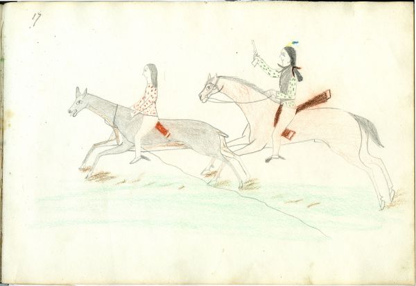 Man riding a deer with Kiowa chasing on horseback