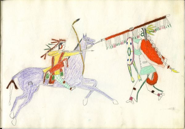 Kiowa with feathered lance on foot against horseback