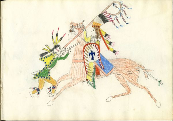 Mounted Kiowa with shield and feathered bonnet fights 1 warrior on foot