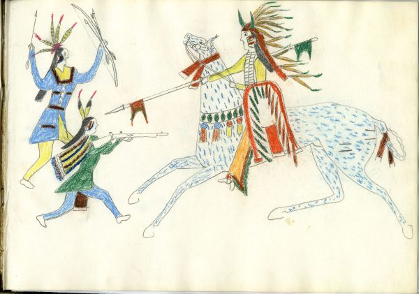 Mounted Kiowa with lance and horned bonnet fights 2 warriors on foot