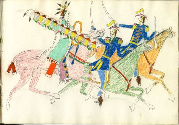 Mounted Kiowa with feathered lance against Mexican dragoons with sabers, 1 with rifle