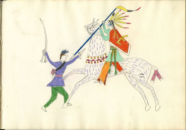 Mounted Kiowa lancing soldier on foot holding a saber