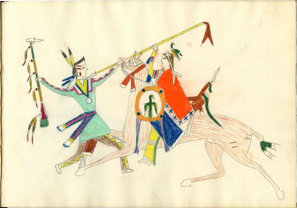 Mounted Kiowa holding shield lancing Osage on foot holding a axe and wearing a peace medal
