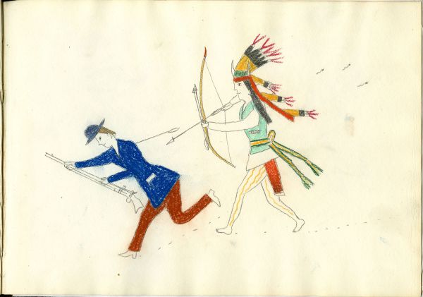 Kiowa on foot shooting arrows at soldier running away holding a rifle