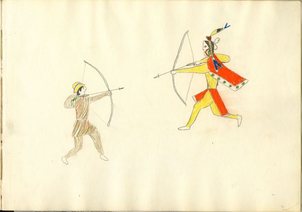 Fight on foot with bow and arrow between Kiowa and white man in hat and stripped Robin Hood-like outfit