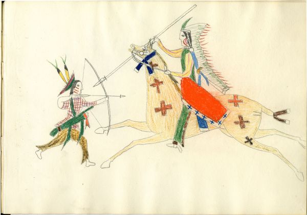 Mounted Kiowa lancing enemy on foot shooting a bow