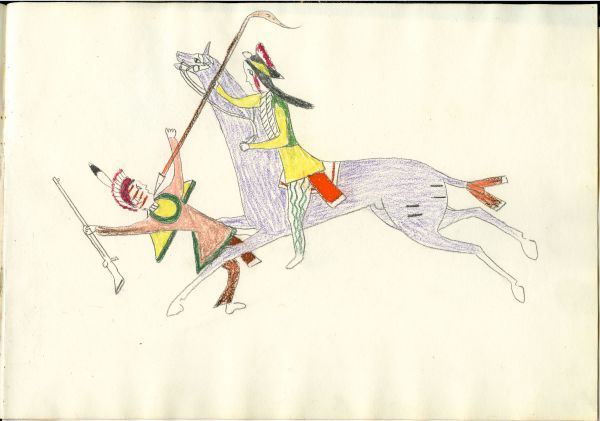 Mounted Kiowa lancing Osage on foot holding a rifle