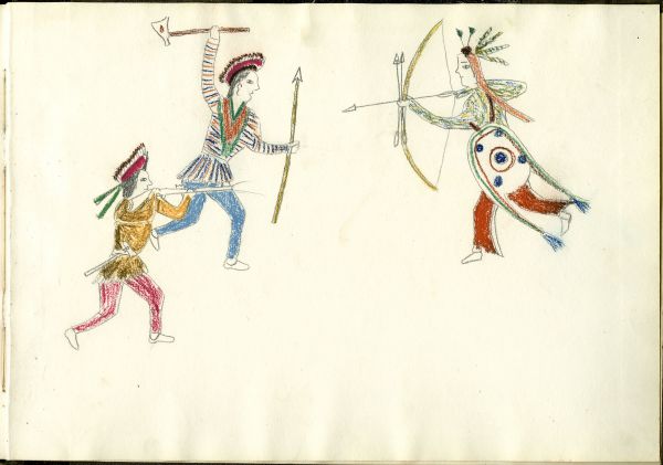 Fight on foot:  Kiowa with bow and arrows fighting 2 enemies, with hatchets, a lance, and a rifle