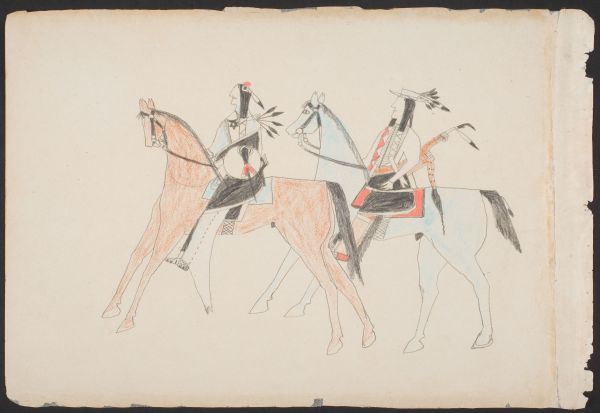 Two well-dressed Kiowa on horseback 