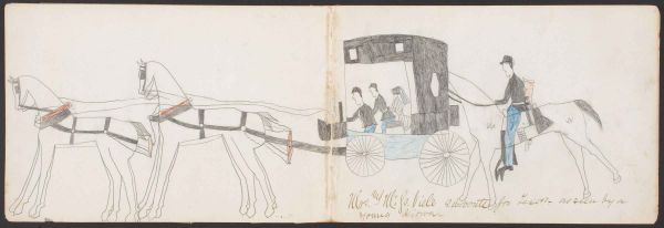 Team of horses (left side of 2 page drawing): Mrs. and Mr. Js. Viele en route for Texas - as seen by a young Kiowa | Wagon and escort  (right side of 2 page drawing): Mrs. and Mr. Js. Viele en route for Texas - as seen by a young Kiowa 