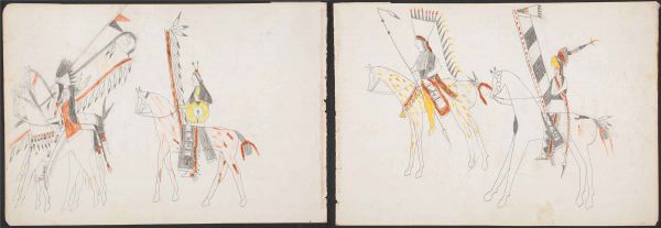 Procession - four Kiowa warriors | Procession - Kiowa warrior with headdress; Kiowa warrior with roach and banner 