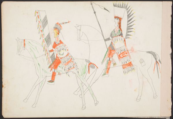 Procession - Kiowa warrior with banner and shield; Kiowa warrior with lance and shield