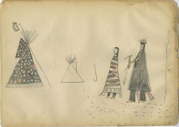 Man with prayer stick and headpiece following woman in Navajo blanket towards tipi decorated in color circles