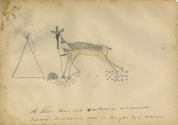 A Deer Runs into an Indian Encampment, Becomes Bewildered, and is Caught by a Woman