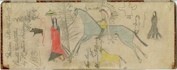 Sketches: courting scene, interloping horseback, wild boar, extra horse and 3 outlined men.