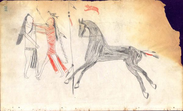 Cheyenne with bird headress dismounted in hand to hand combat with Crow attacking with arrow in hand.  Name glyph Red Bear