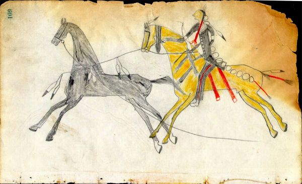 Cheyenne warrior on yellow horse stealing dark horse