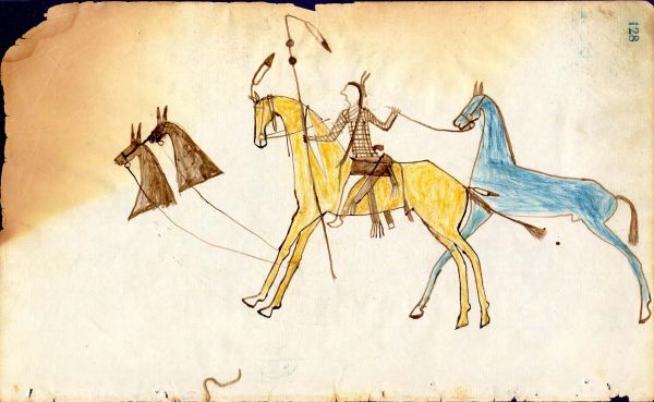 Cheyenne on yellow horse leading blue horse and stealing two horses (heads showing)