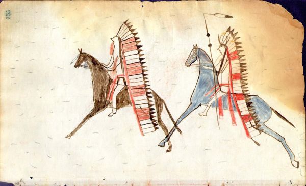 Two Cheyenne warriors with banner headdresses on horseback;  leading one wounded, follower with lance