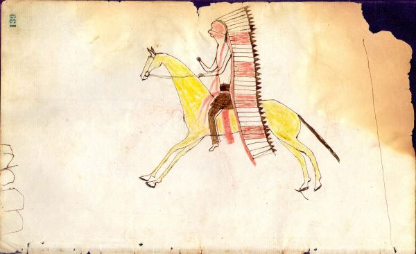 Cheyenne with banner headdress on yellow horse 