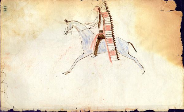 Cheyenne with banner headdress on blue horse