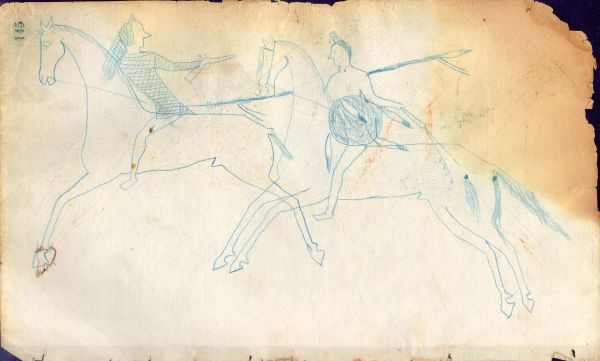 Blue pencil drawing of horseback scene:  Cheyenne on lancing Crow holding pistol 