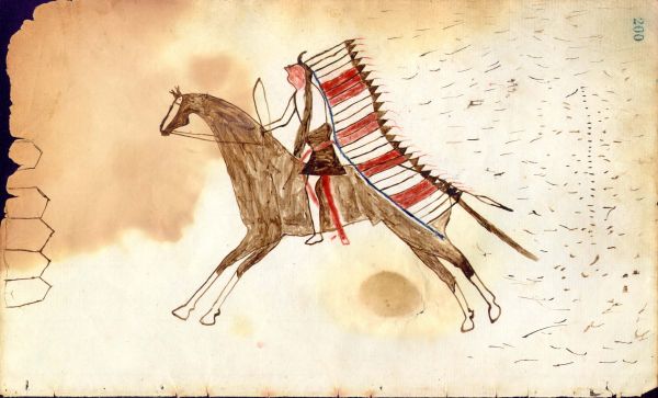 Cheyenne on horse with banner headdress and bow riding toward tents under fire 
