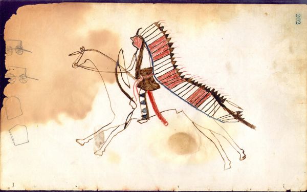 Cheyenne on horse with banner headdress attacking tent and wagons 