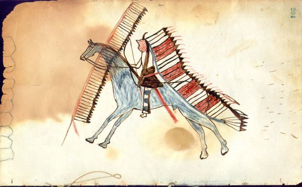 Cheyenne on horse with banner headdress and feathered lance attacking tents