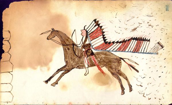 Cheyenne with mouth open wearing banner headdress on horse attacking tents