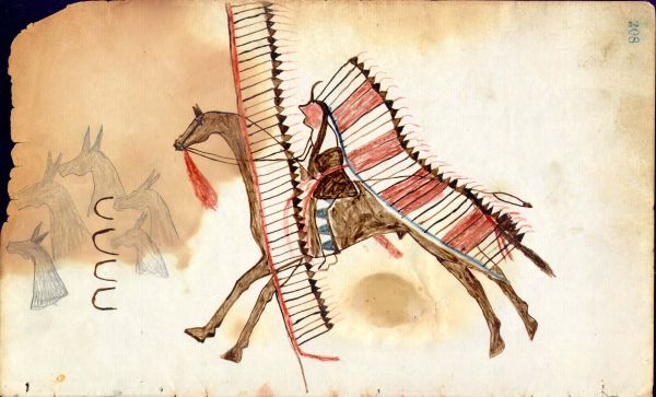 Cheyenne on horse with banner headdress and feathered lance stealing 5 horses