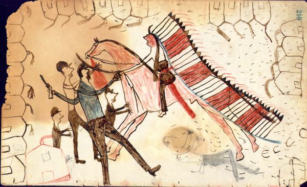 Cheyenne on horse with banner headdress and saber attacking white settlers in a town