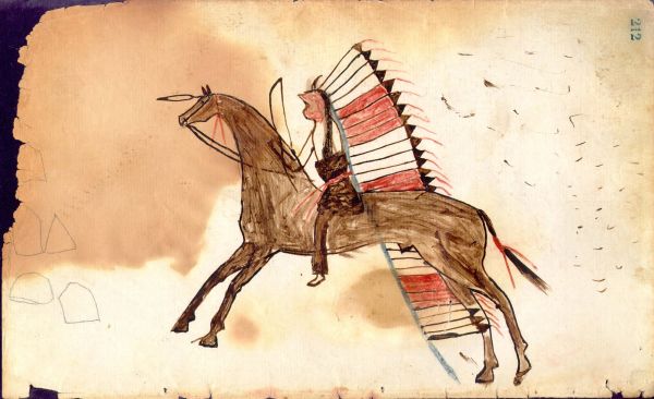 Cheyenne on horse with banner headdress and bow attacking tents under fire 