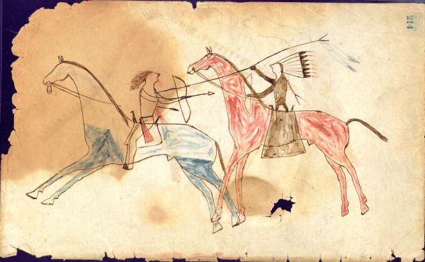 Horseback scene:  Cheyenne in headdress lancing a Pawnee firing an arrow after receiving arrow wound 