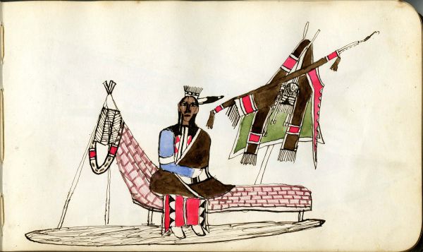 Sitting on a Kiowa settee with breastplate weapons and other adornments removed