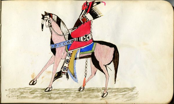 On horseback with all finery: shield, mountain lion quiver with drops, banner lance, Saltillo serape