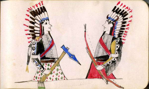 Two men dressed as warriors, one with trade axe and one with bow & arrows, in 3-quarter portrait