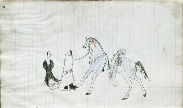 Lakota man in courting blanket leading a blue horse facing woman
