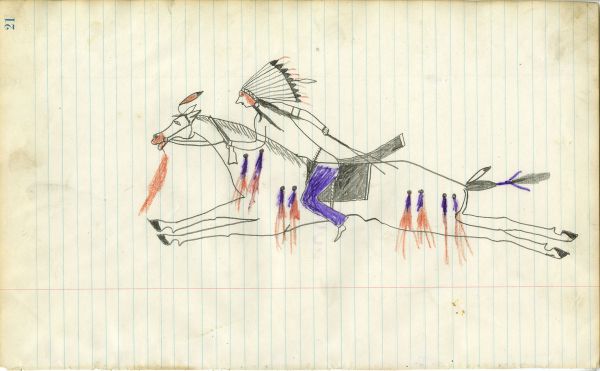 Lakota holding rifle riding war horse with 8 wounds