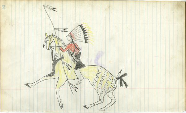 Lakota with eagle bonnet on yellow horse with honor mark painted on front