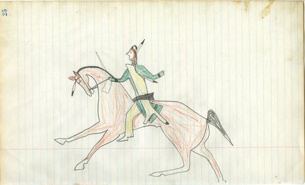 Lakota wearing full kit fox holding rifle on the red horse