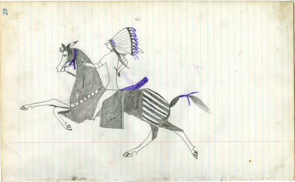 Lakota wearing eagle bonnet on decorated horse with hand on chest halter with ponchos - german silver plates horse neck