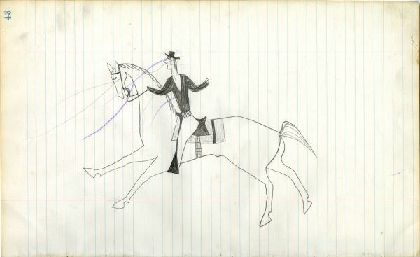 White man on horse, 2 purple ink and 4 pencil lines