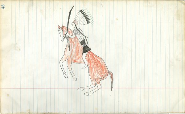 Lakota with eagle bonnet holding saber on rearing red horse